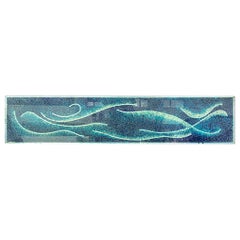 Very large mosaic painting in glass resin, in the shape of blue waves, 1970s.