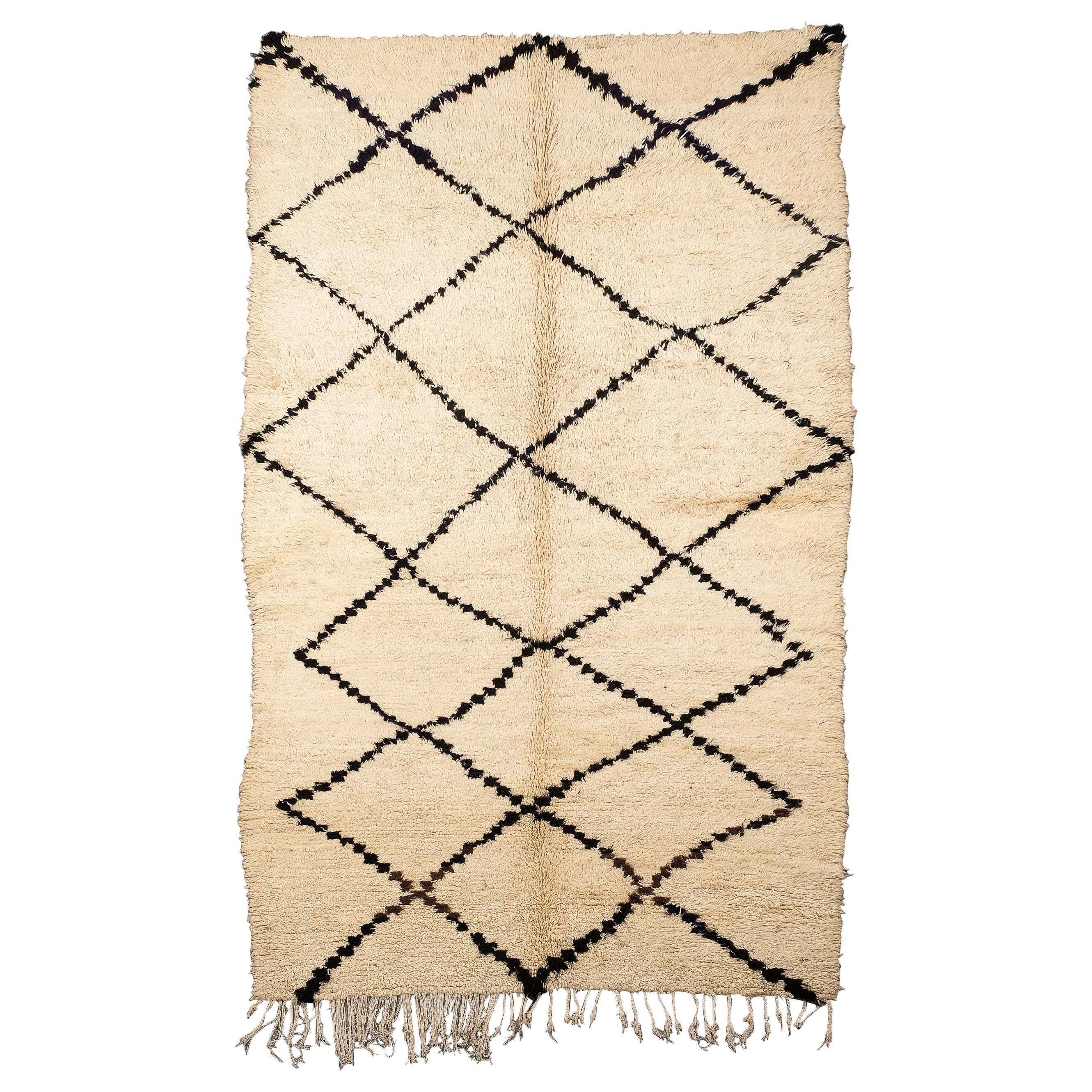 Handwoven Moroccan Wool Rug with Cream White Base and Black Diamond Motif