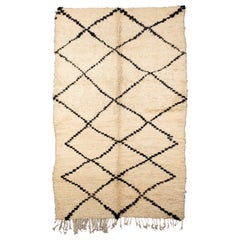 Handwoven Moroccan Wool Rug with Cream White Base and Black Diamond Motif