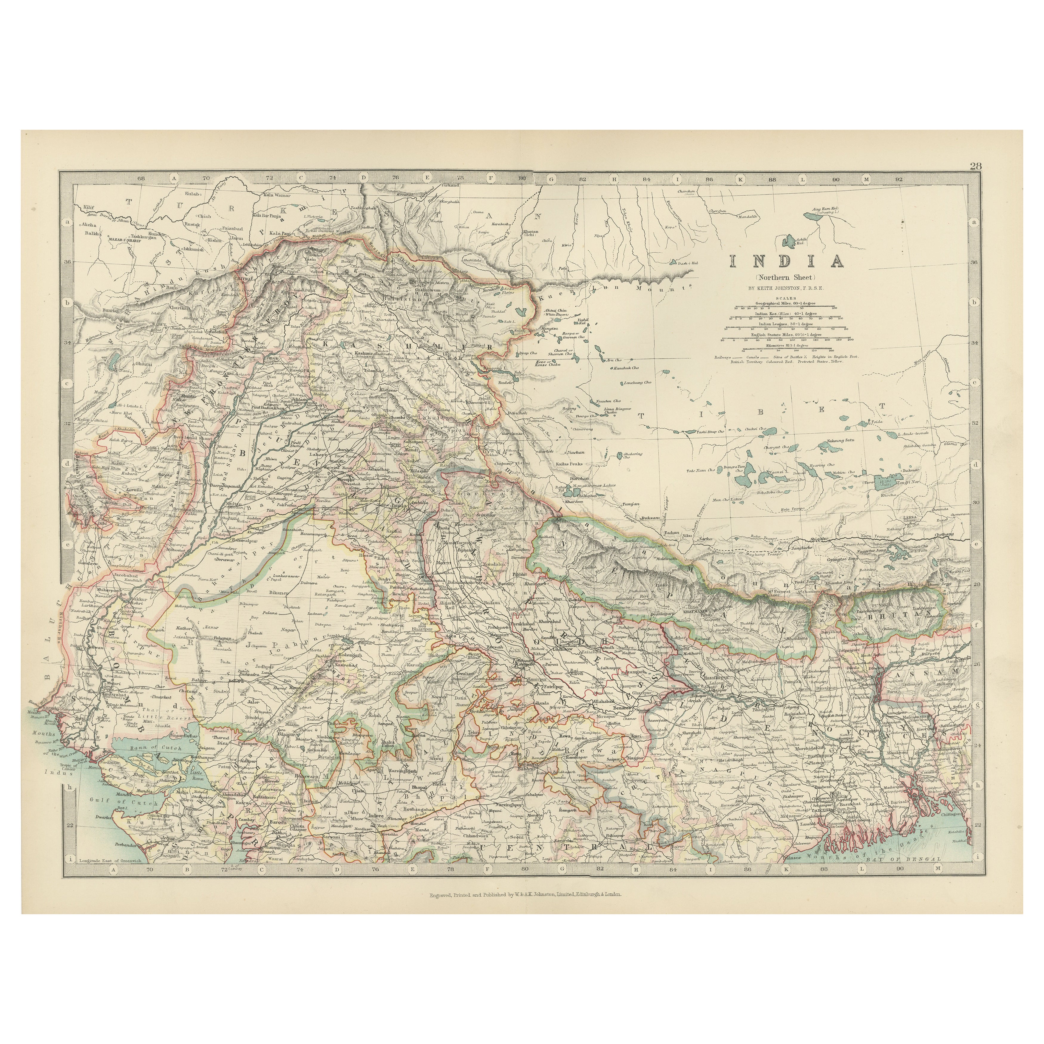 Carte ancienne de l'Inde du Nord, avec les frontières et les détails de l'Himalaya, 1903