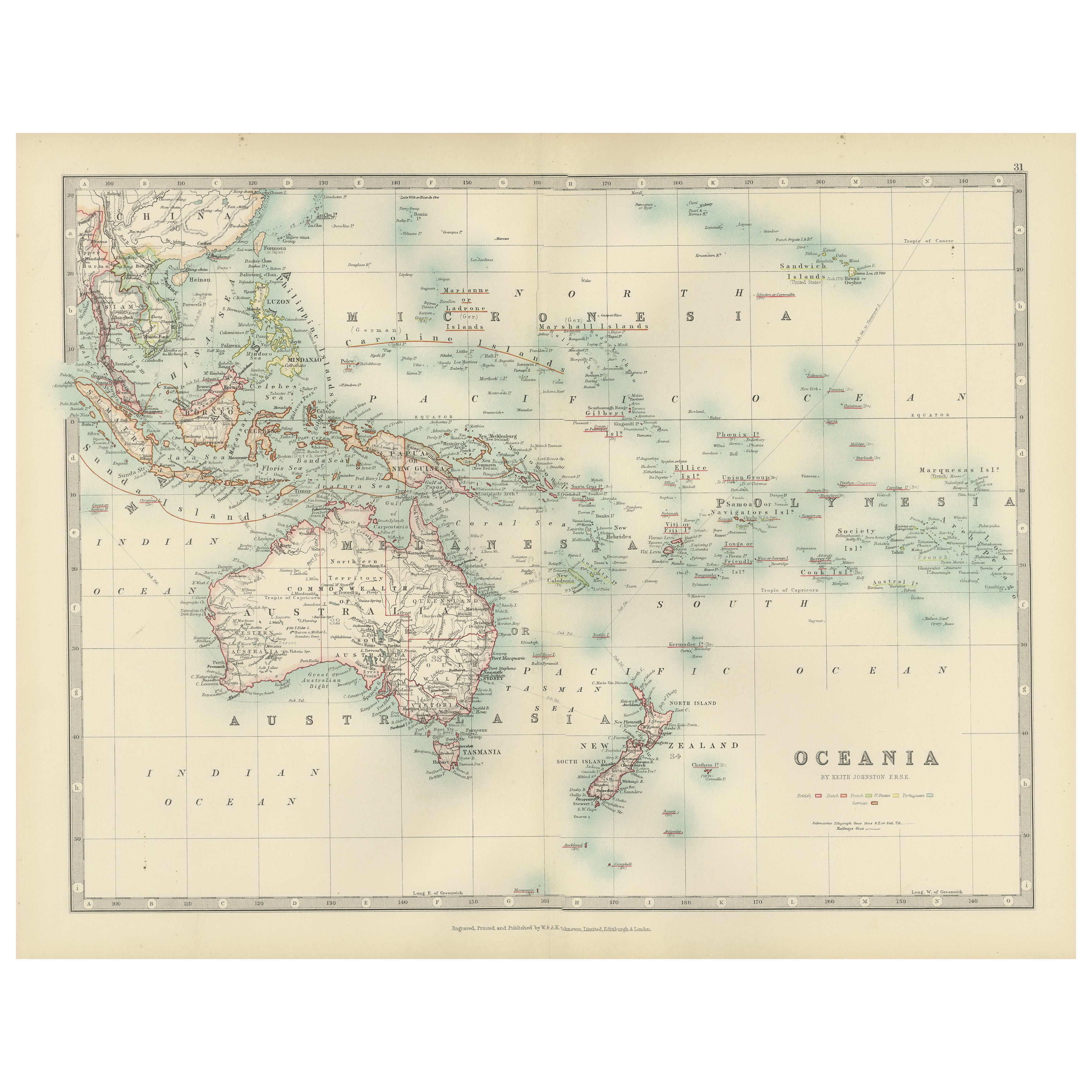 Antique Map of Oceania, 1903, Featuring the Pacific Islands and Australasia