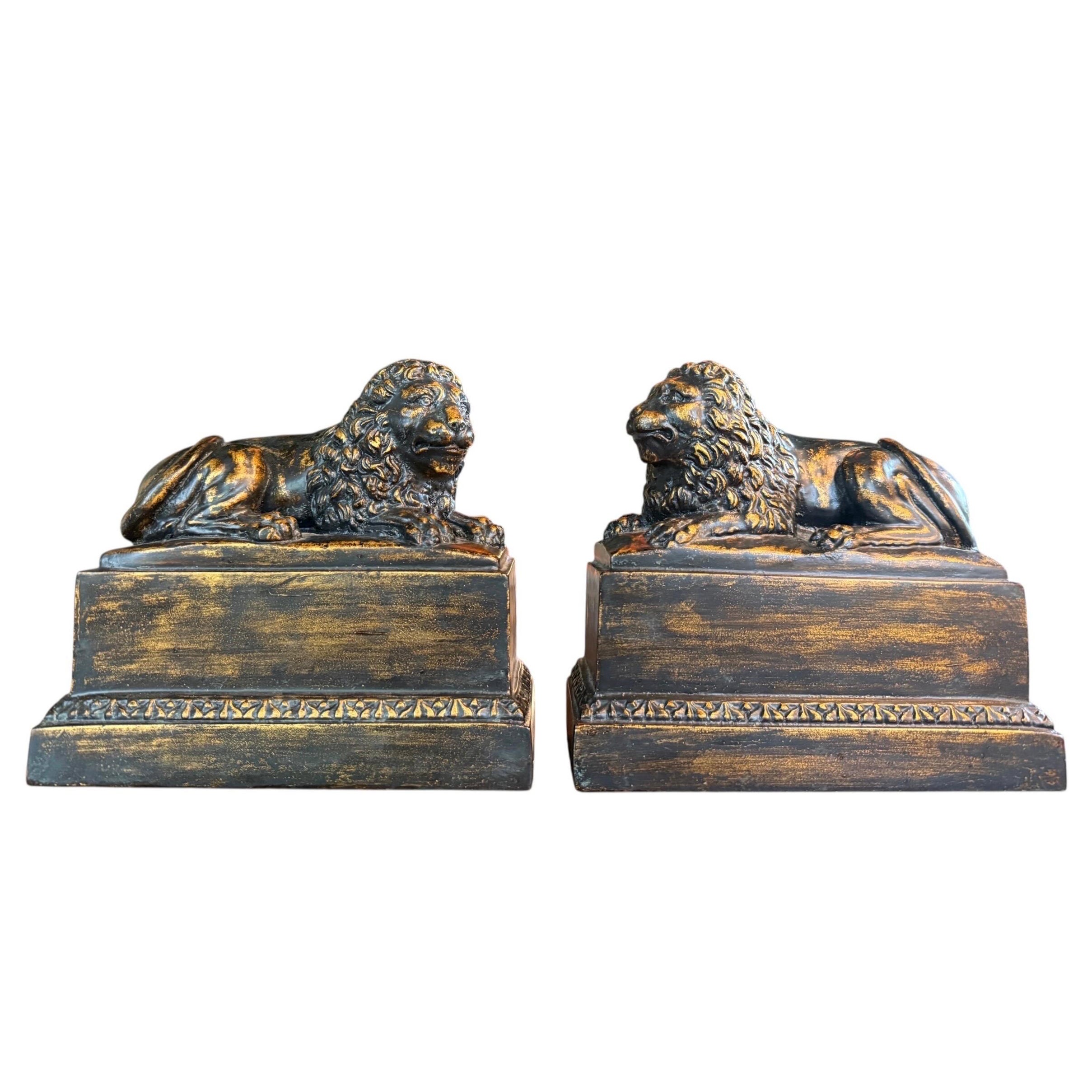 Pair of Borghese Style Lion Bookends Decorative Statues