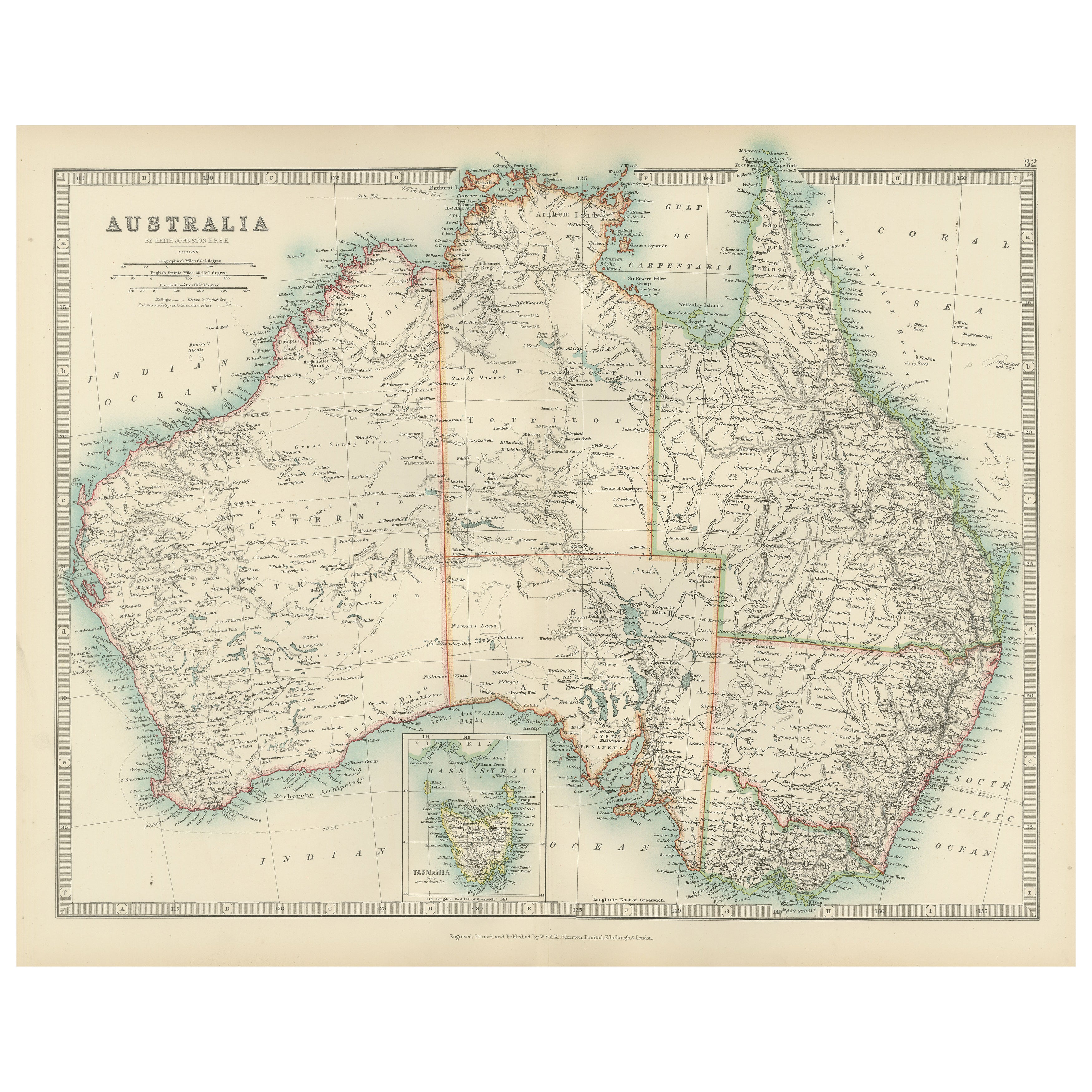 Antique Map of Australia, 1903, with Colonial Divisions and Detailed Topography