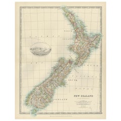 Antique Map of New Zealand, 1903, Featuring the North and South Islands and Alps