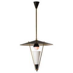 1950s Italian Brass & Black Enamel Pendant Lamp, Attributed to Stilnovo