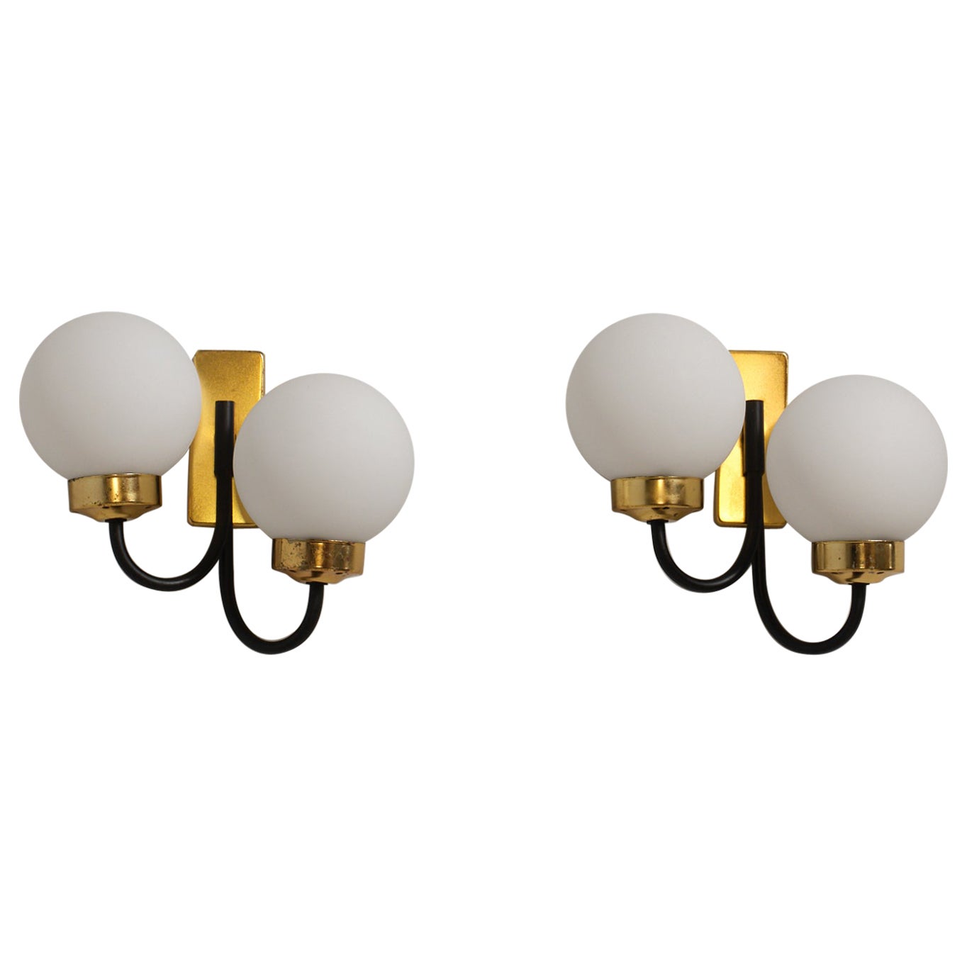 Pair of Italian Brass and Black Enamel Double-Globe Wall Sconces, 1950s im Angebot