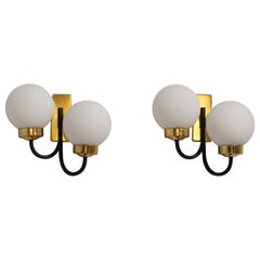 Pair of Italian Brass and Black Enamel Double-Globe Wall Sconces, 1950s