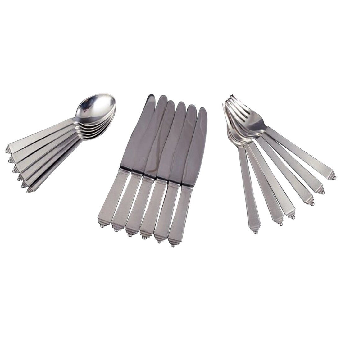 Georg Jensen Pyramid. Complete six-person lunch service in sterling silver.