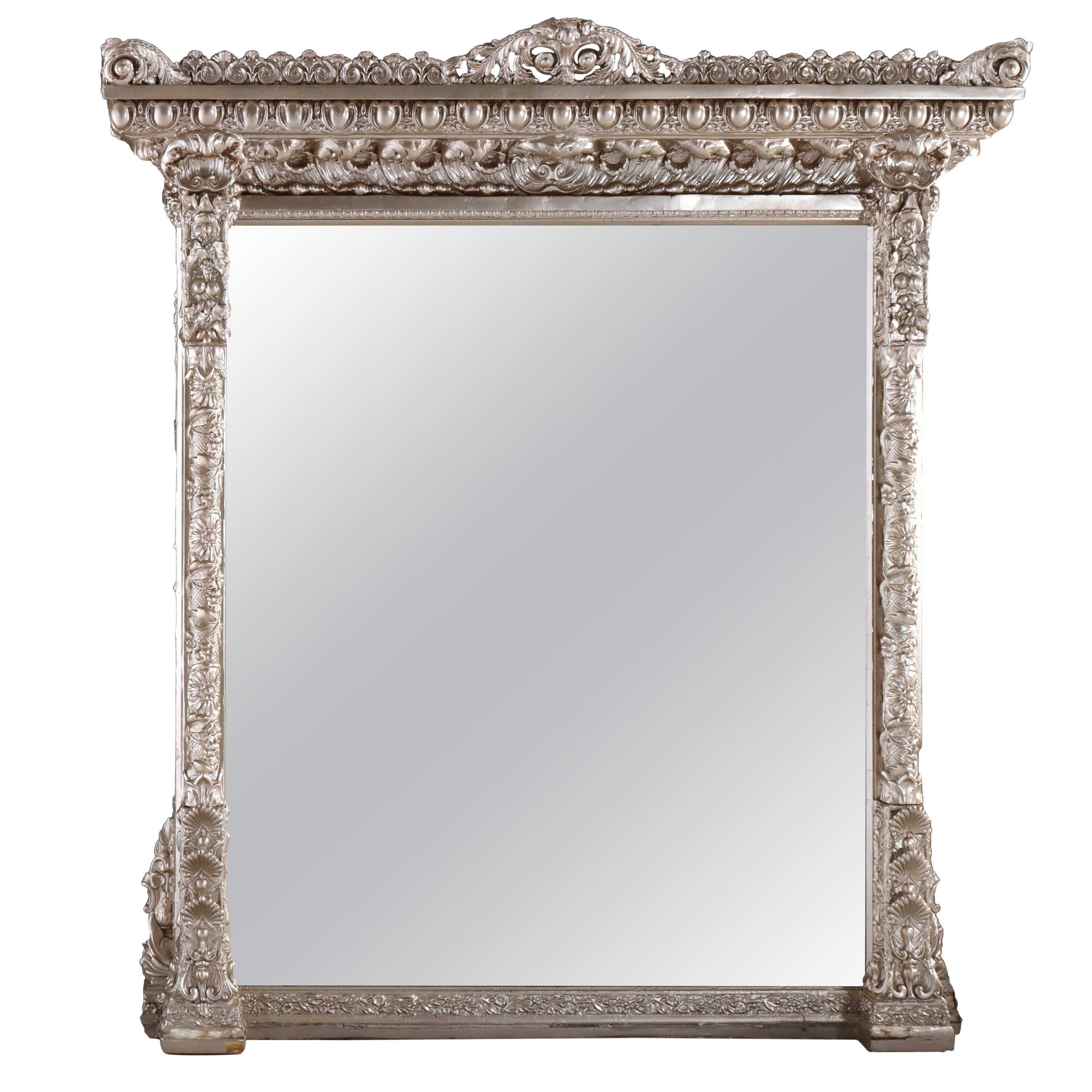 Oversized Antique Renaissance Revival Silver Gilt Over-Mantle Mirror C1880 For Sale