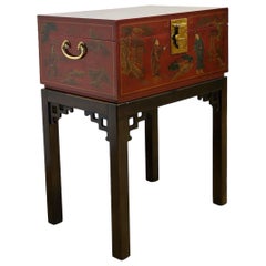 1970s Drexel Chinoiserie Red Lacquer and Brass Chest on Stand