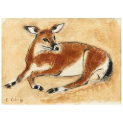 Charles Culver Firmado Ciervo descansando Pintura moderna en acuarela al pastel Años 50