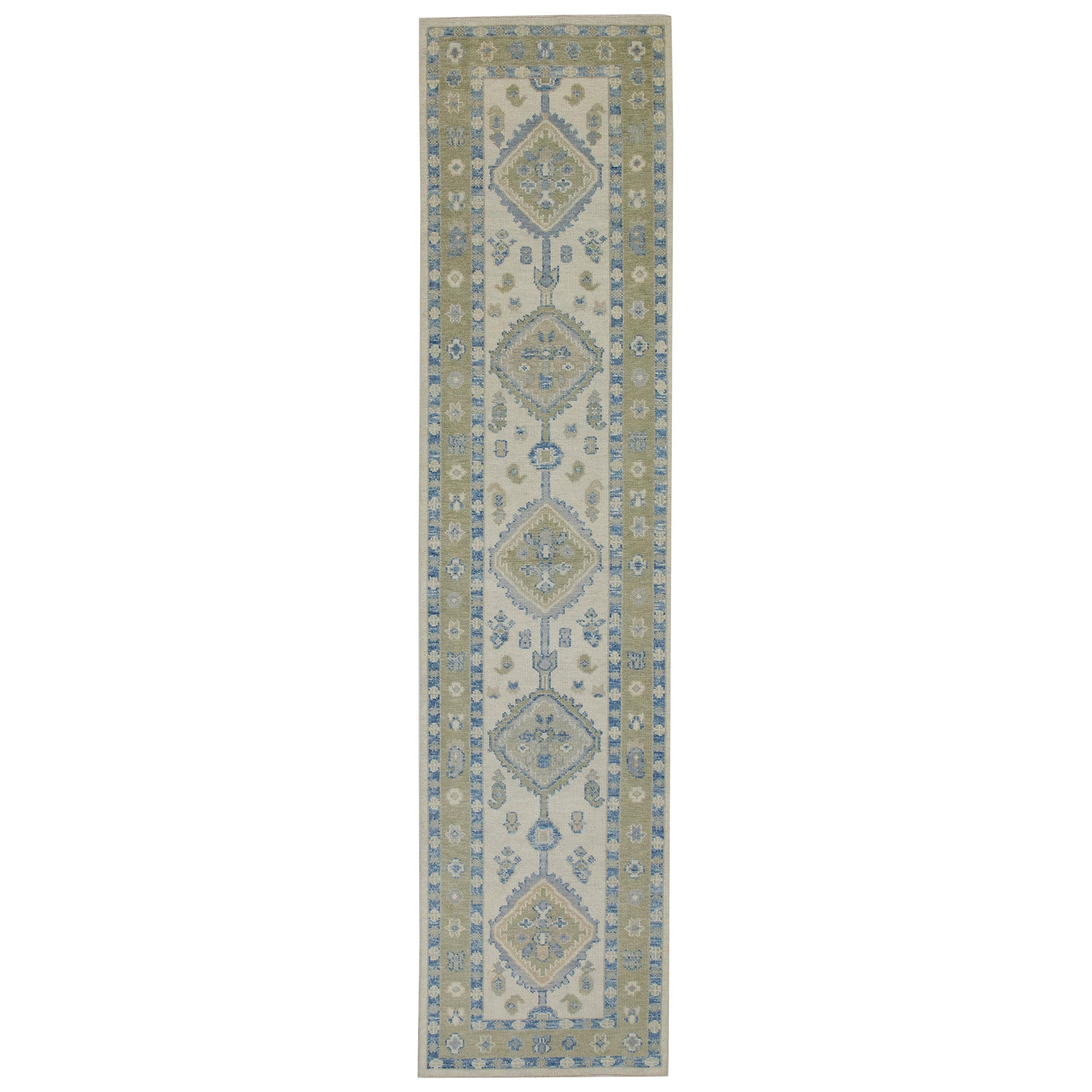 Turkish Oushak Runner Rug Blue & Ivory Handwoven Wool Rug 2'11" x 12'5"
