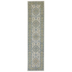 Turkish Oushak Runner Rug Blue & Ivory Handwoven Wool Rug 2'11" x 12'5"