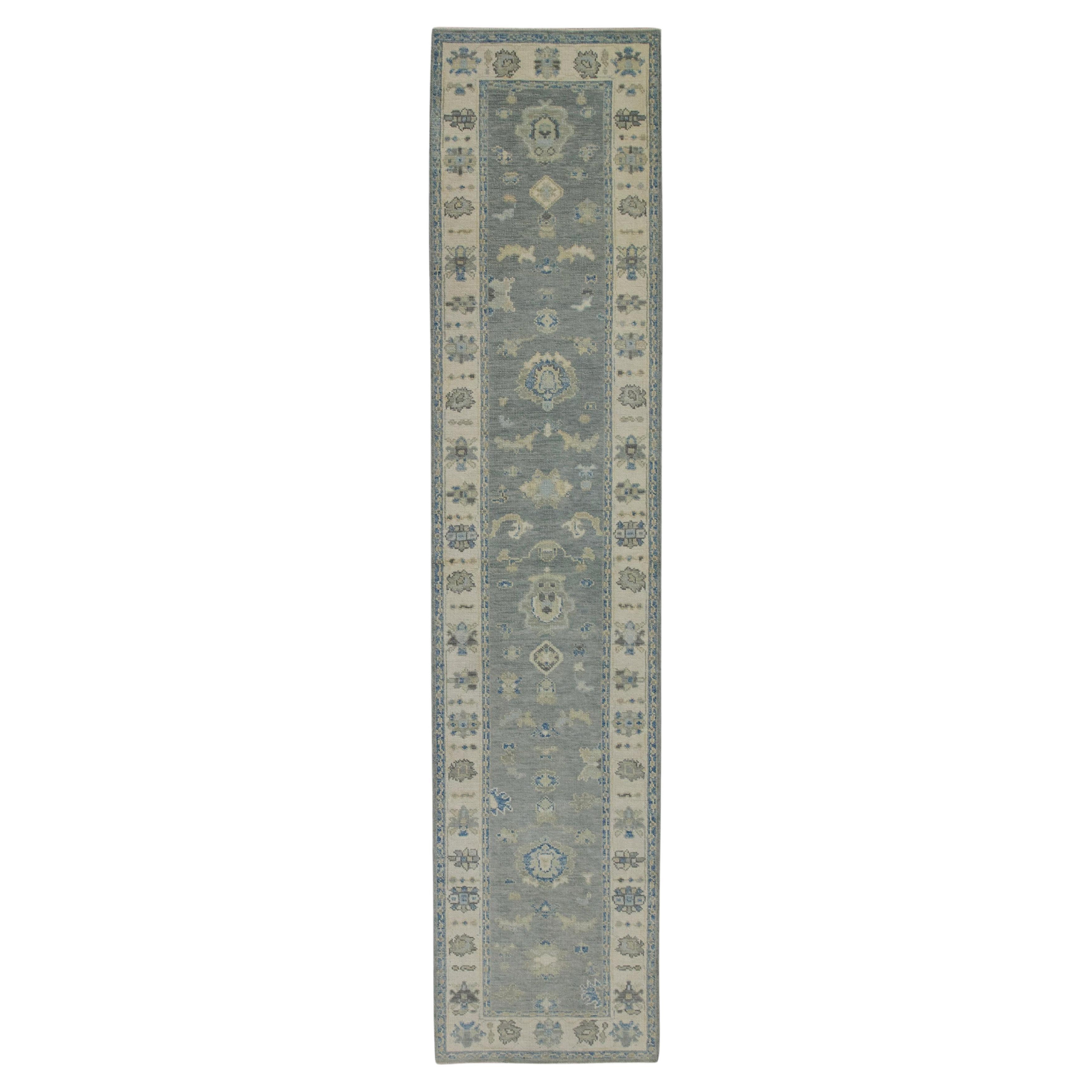 Turkish Oushak Runner Rug Gray & Blue Handwoven Wool Rug 2'8" x 12'3"