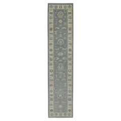 Turkish Oushak Runner Rug Gray & Blue Handwoven Wool Rug 2'8" x 12'3"