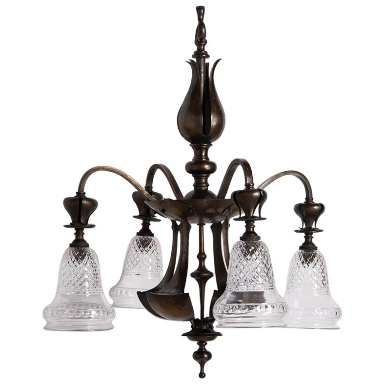 Rare Aged Brass Four Arm Arts & Crafts Chandelier with Crystal Shades by Osler