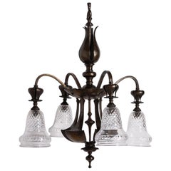 Rare Aged Brass Four Arm Arts & Crafts Chandelier with Crystal Shades by Osler