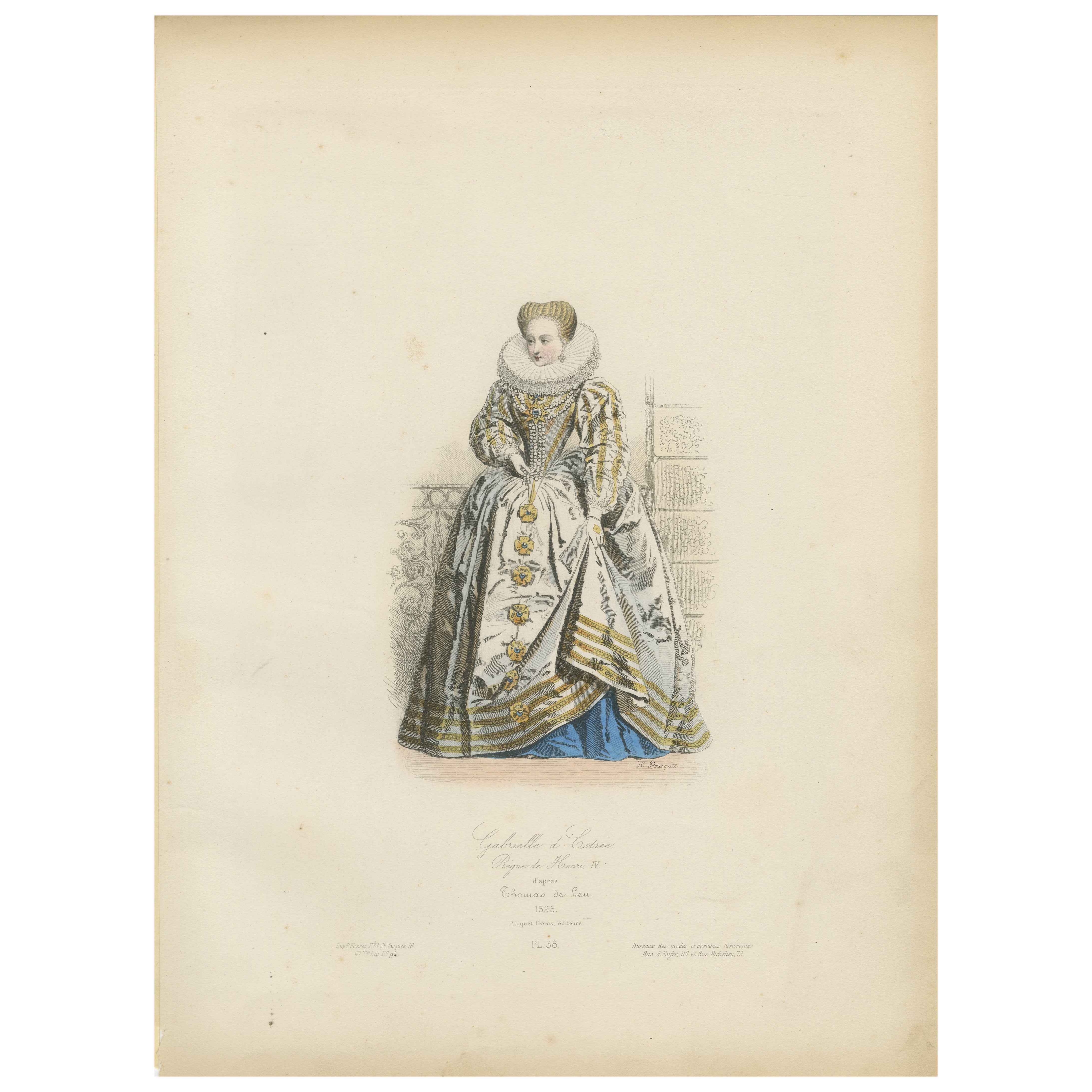 Antique French Kostüm Druck von Gabrielle d'Estrées, 16. Jahrhundert Hofkleid im Angebot