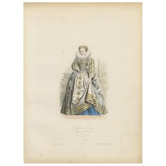 Antique French Costume Print of Gabrielle d’Estrées, 16th-Century Court Dress