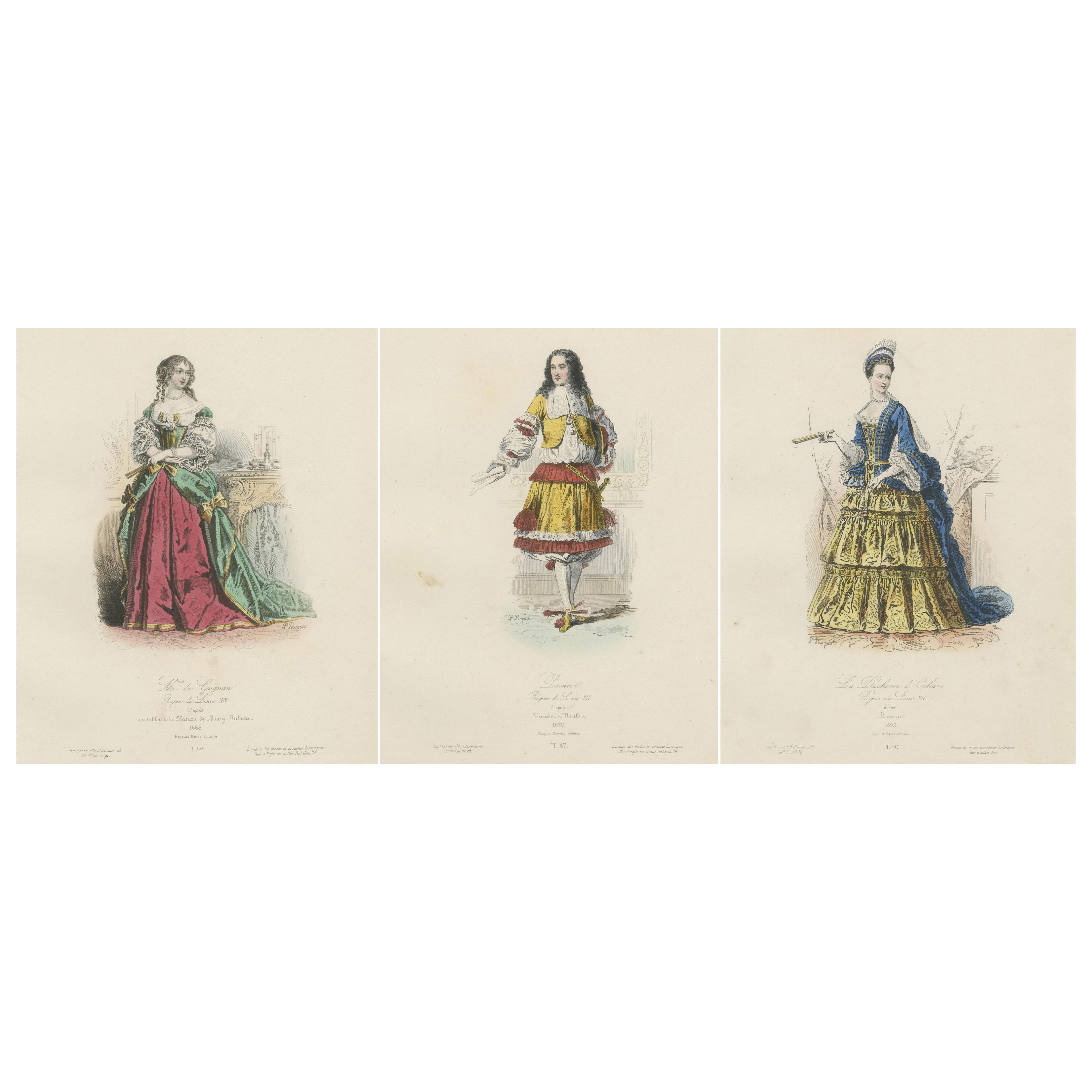 Antique French Costume Prints of Nobility, Three 19th-Century Handcolored Prints