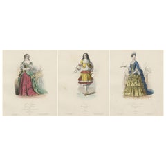 Antique French Costume Prints of Nobility, Three 19th-Century Handcolored Prints