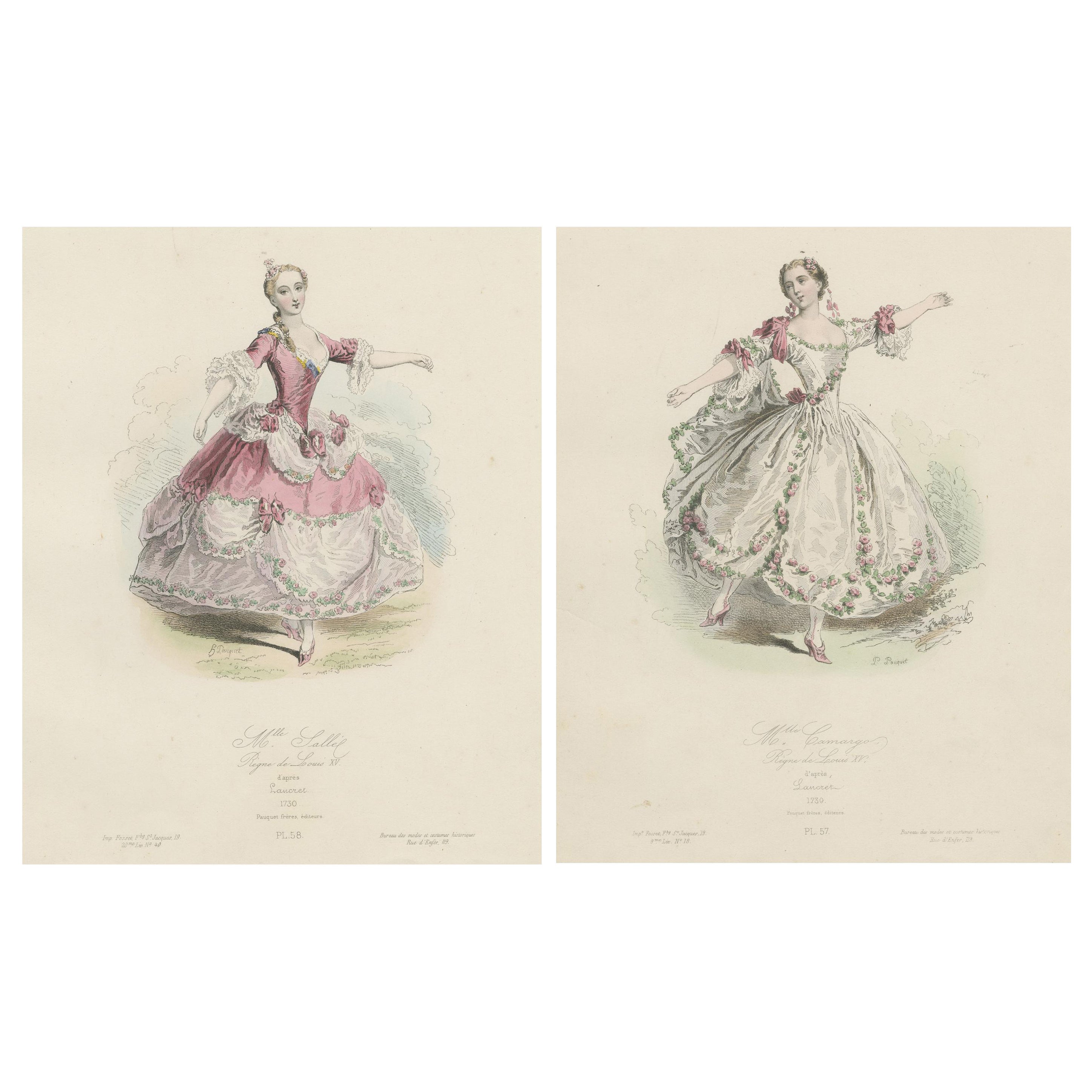 Antica raccolta di stampe di balletto con delicati costumi rococò, circa 1860