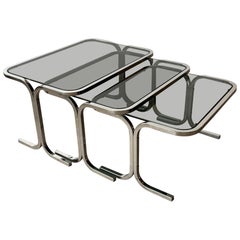 Vintage smoked glass & chrome nesting tables, 1970s Italy