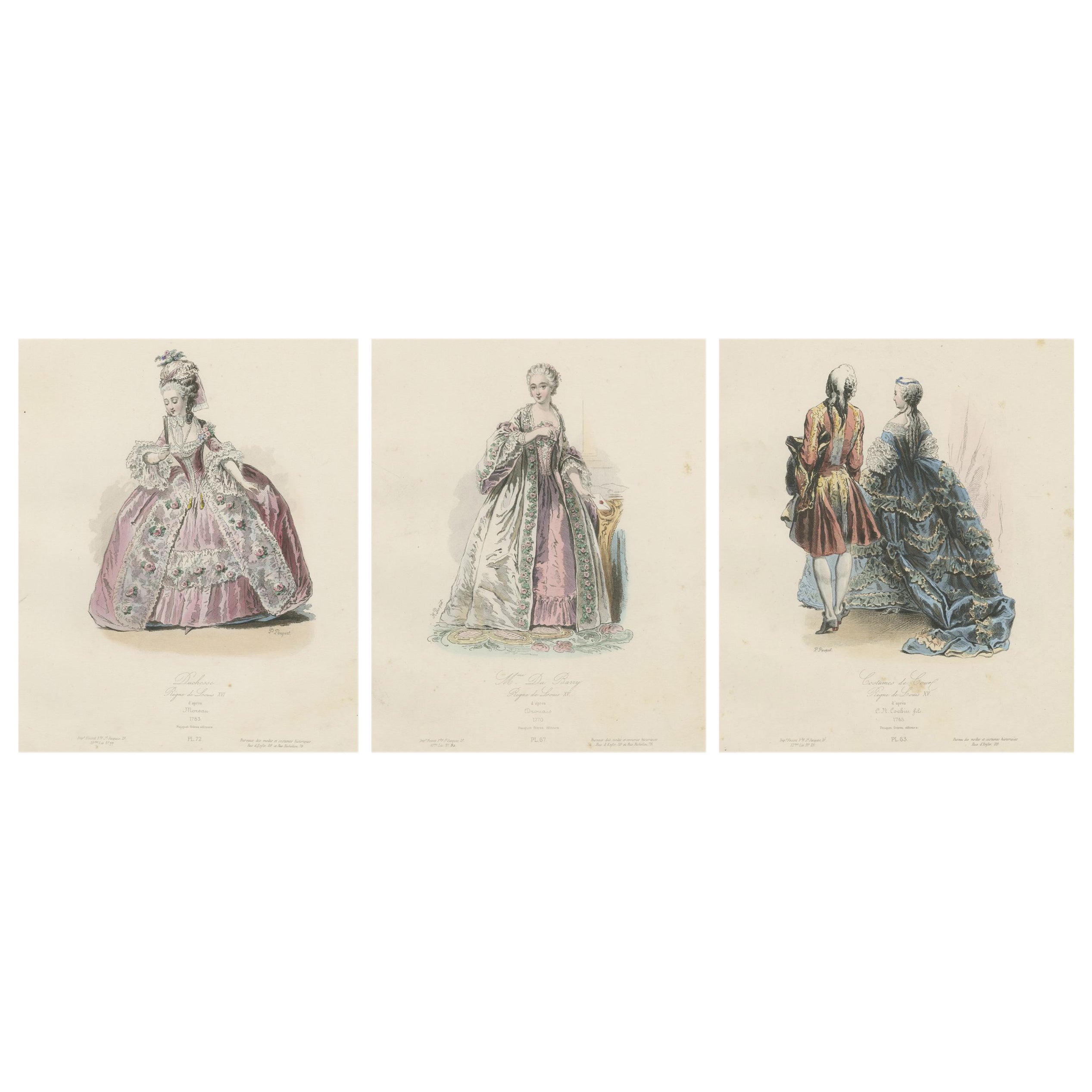 French Courtly Costume Lithographs 18th Century Elegance - Published in 1860 in vendita