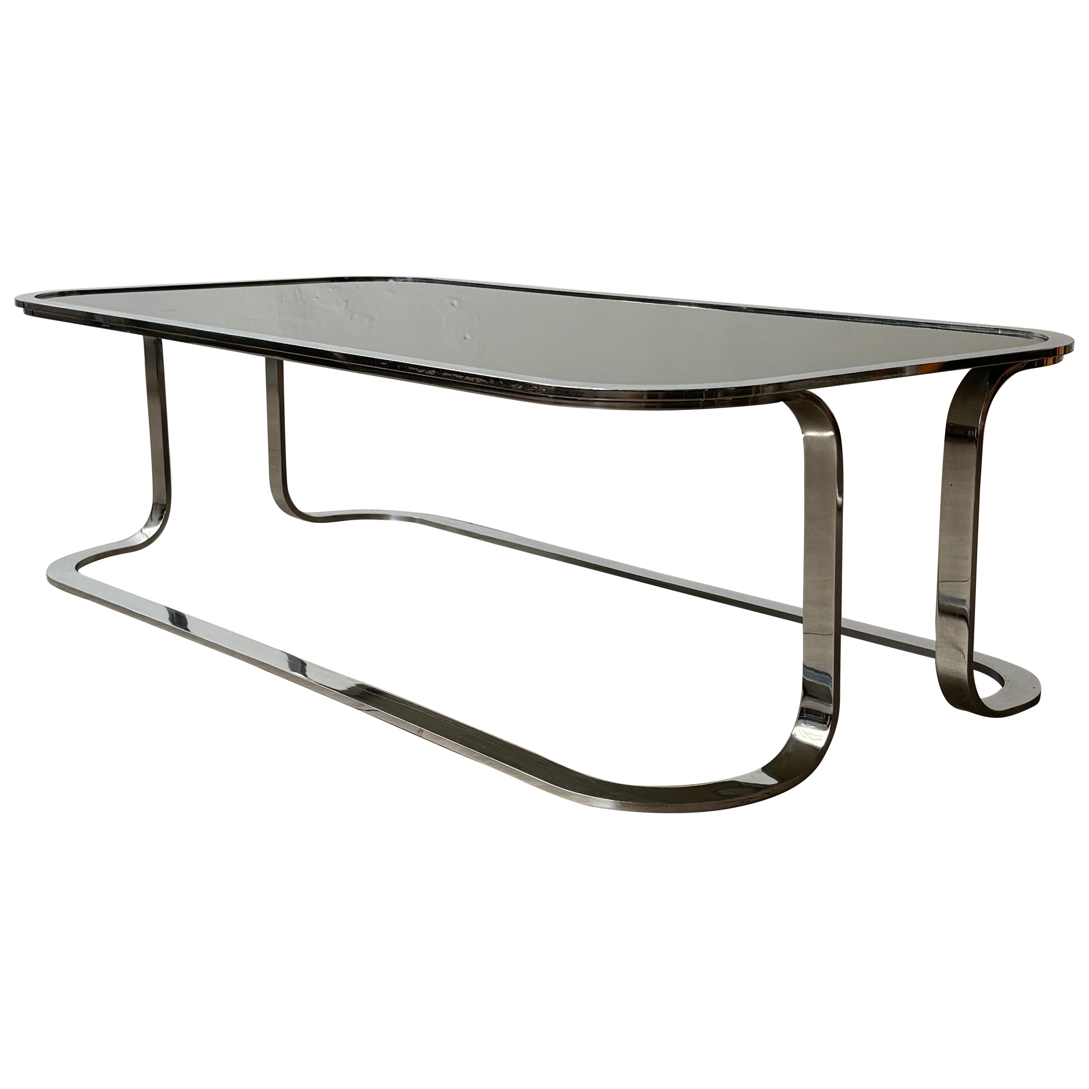Vintage smoked mirrored glass & chrome coffee table, 1970s Italy