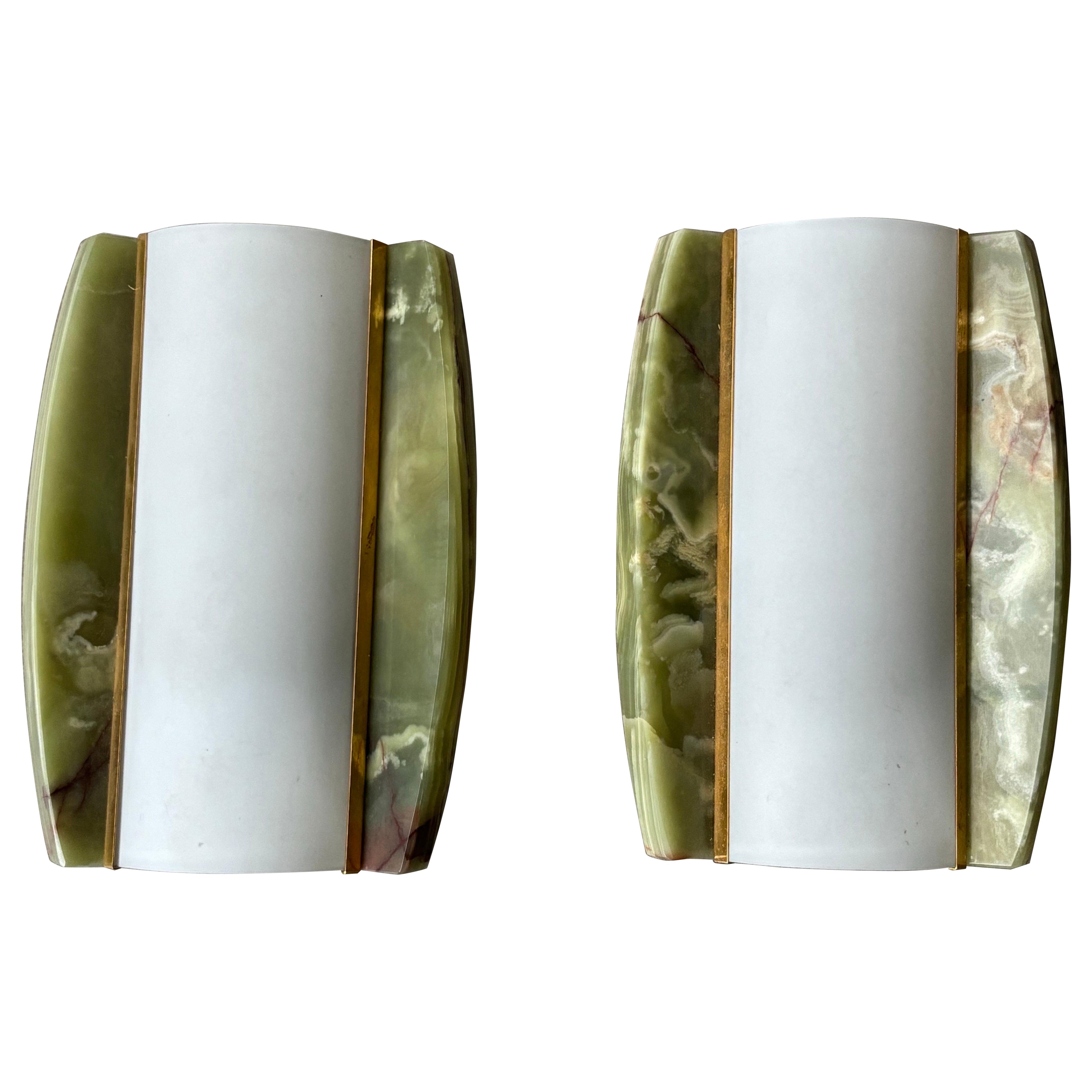 Green marble & Opaline Glass Sconces from Veca, 1970s Italy