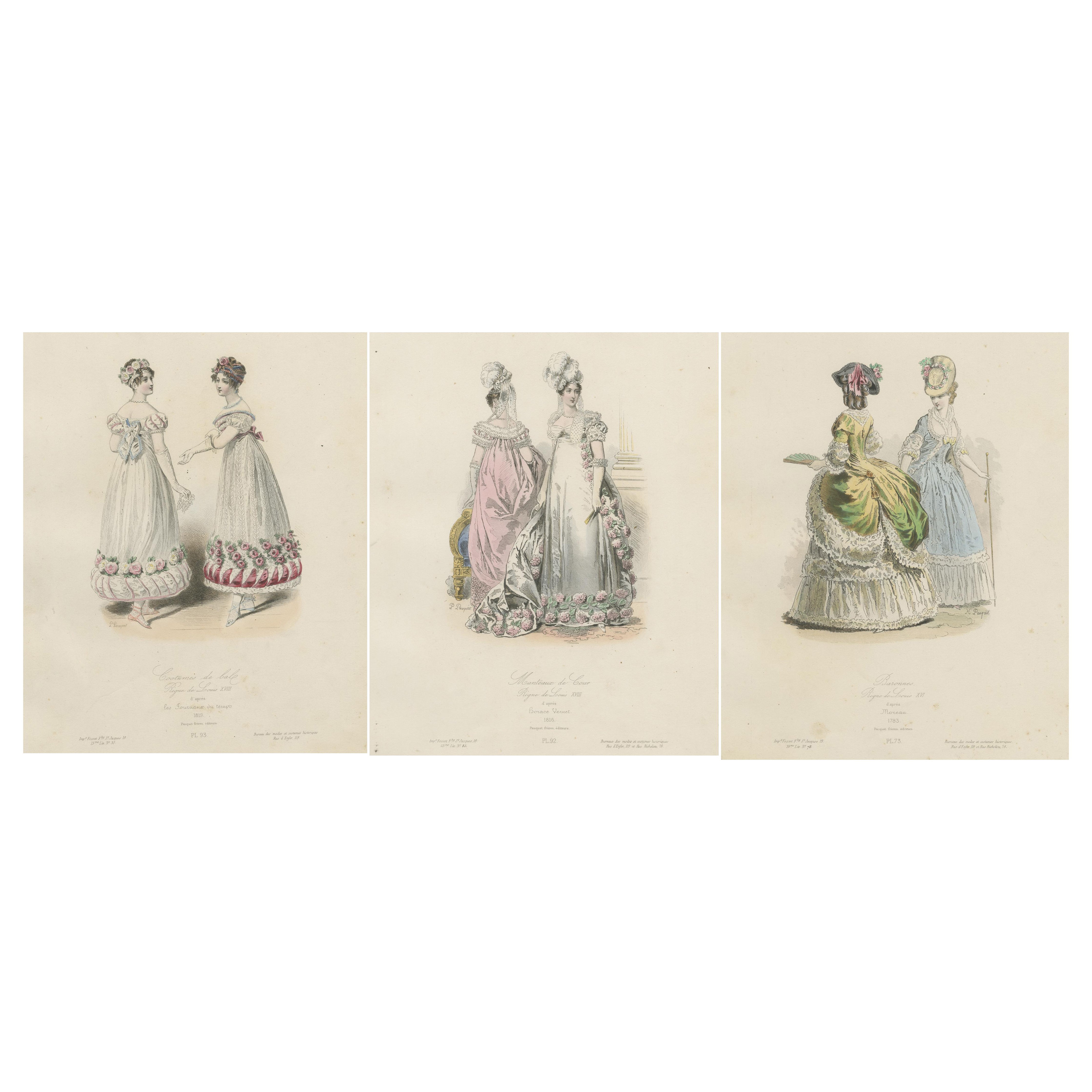 Antique French Costume Prints con decorazioni floreali - 1816-1819 in vendita