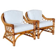 Late 20th Century Organic Modern Restored Twist Rattan Lounge Chairs With Custom