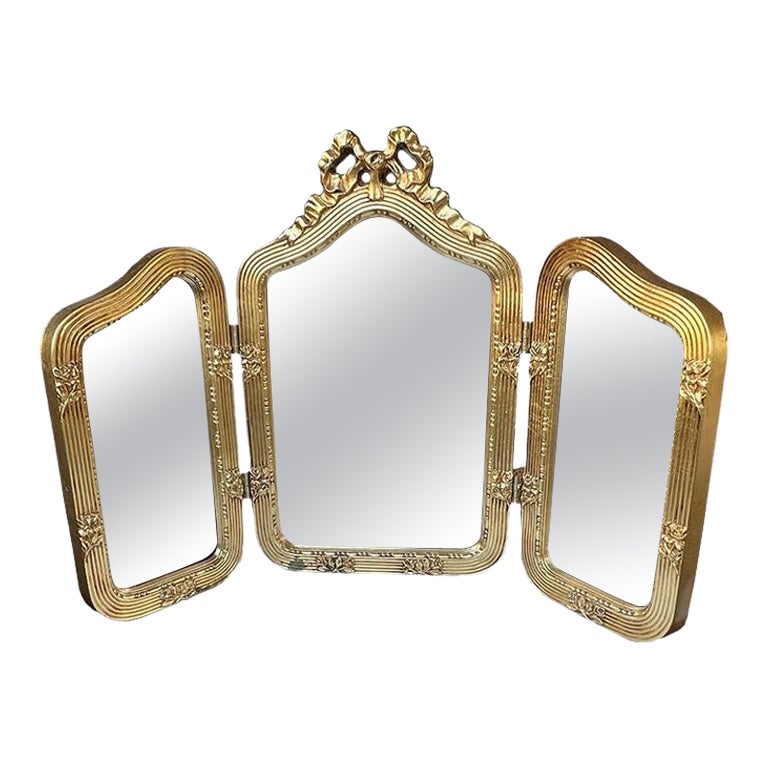 Antique Italian Giltwood Tri-Fold Mirror with Ribbon Crest Hollywood Regency For Sale