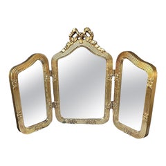 Antique Italian Giltwood Tri-Fold Mirror with Ribbon Crest Hollywood Regency