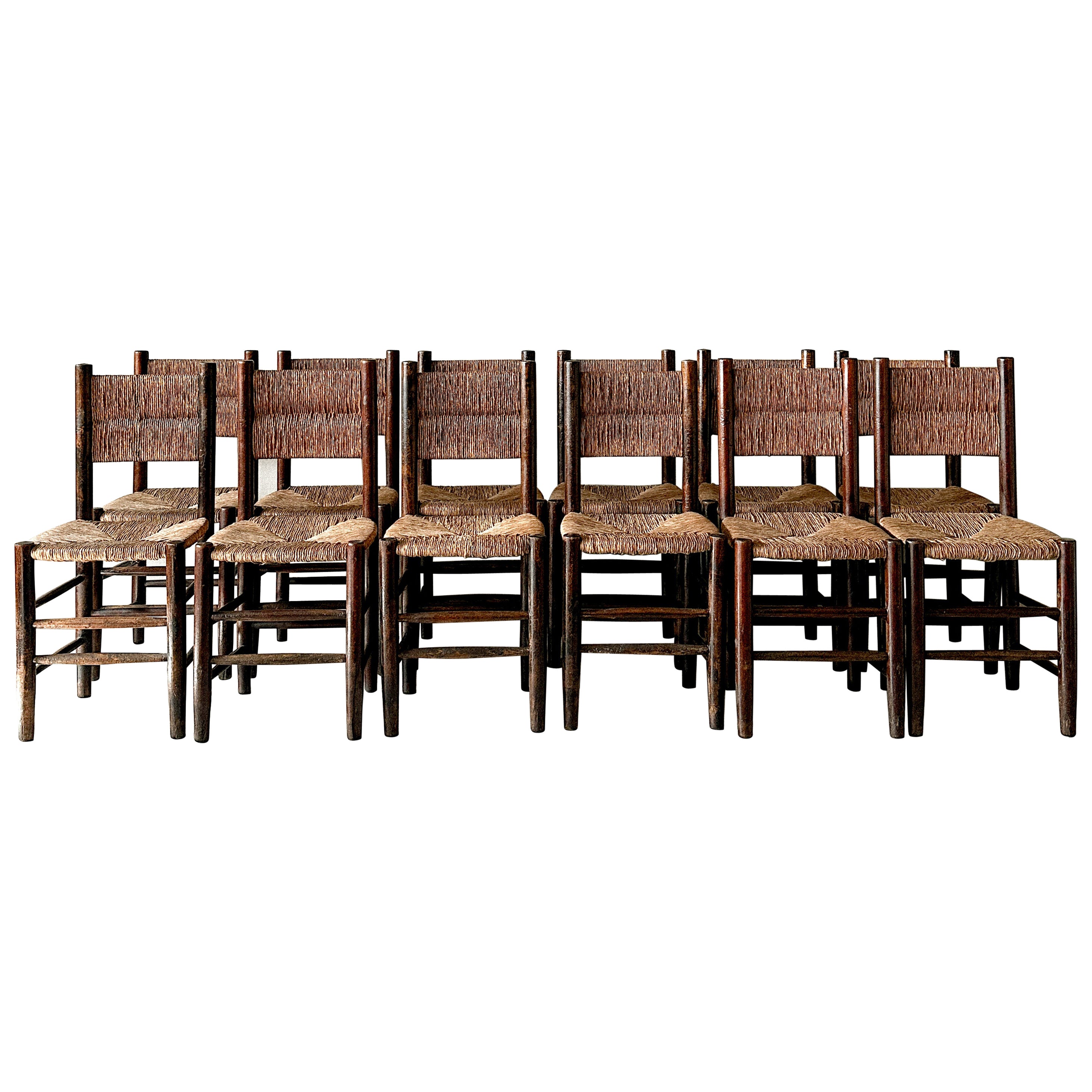 Unique Set of 12 Rush Dining Chairs in taste of Charlotte Perriand, France 1960s