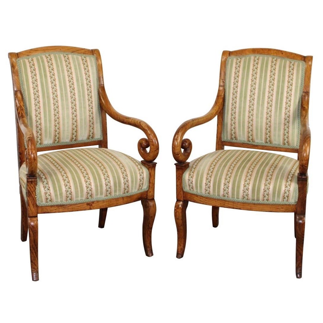 Pair French Louis Philippe Style Armchairs in Elm Wood For Sale