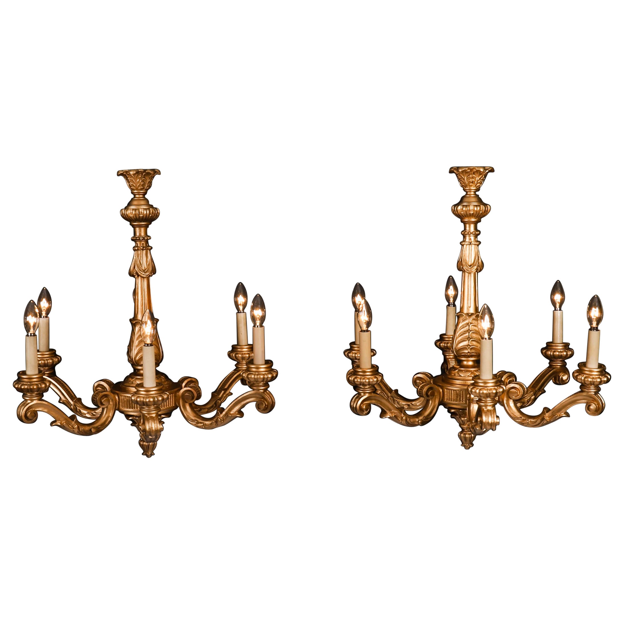 Antique Pair of English Giltwood Six Branch Chandeliers 20th Century