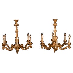 Antique Pair of English Giltwood Six Branch Chandeliers 20th Century