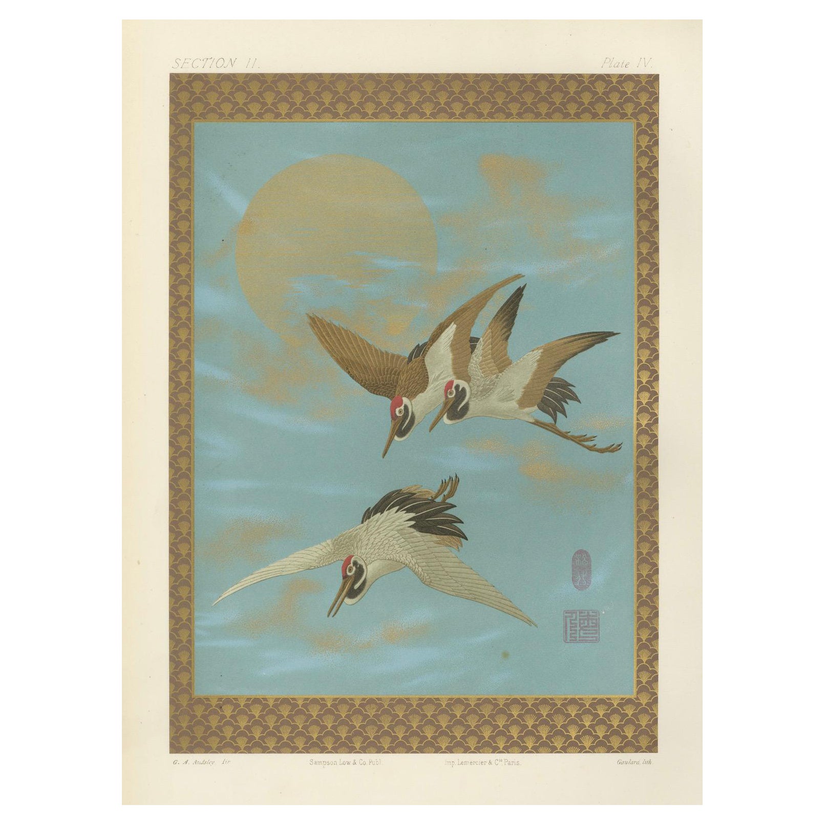 Japanese Cranes Moonlit Flight: Antique Lithograph, 1880s
