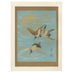 Japanese Cranes Moonlit Flight: Antique Lithograph, 1880s