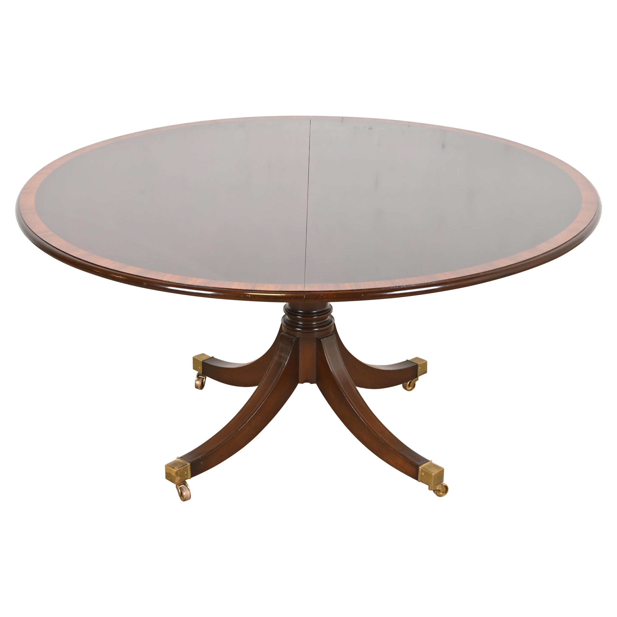 Baker Furniture Style Georgian Banded Mahogany Pedestal Extension Dining Table