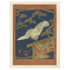 Japanese White Hawk on Pine Branch: Antique Lithograph, 1880s