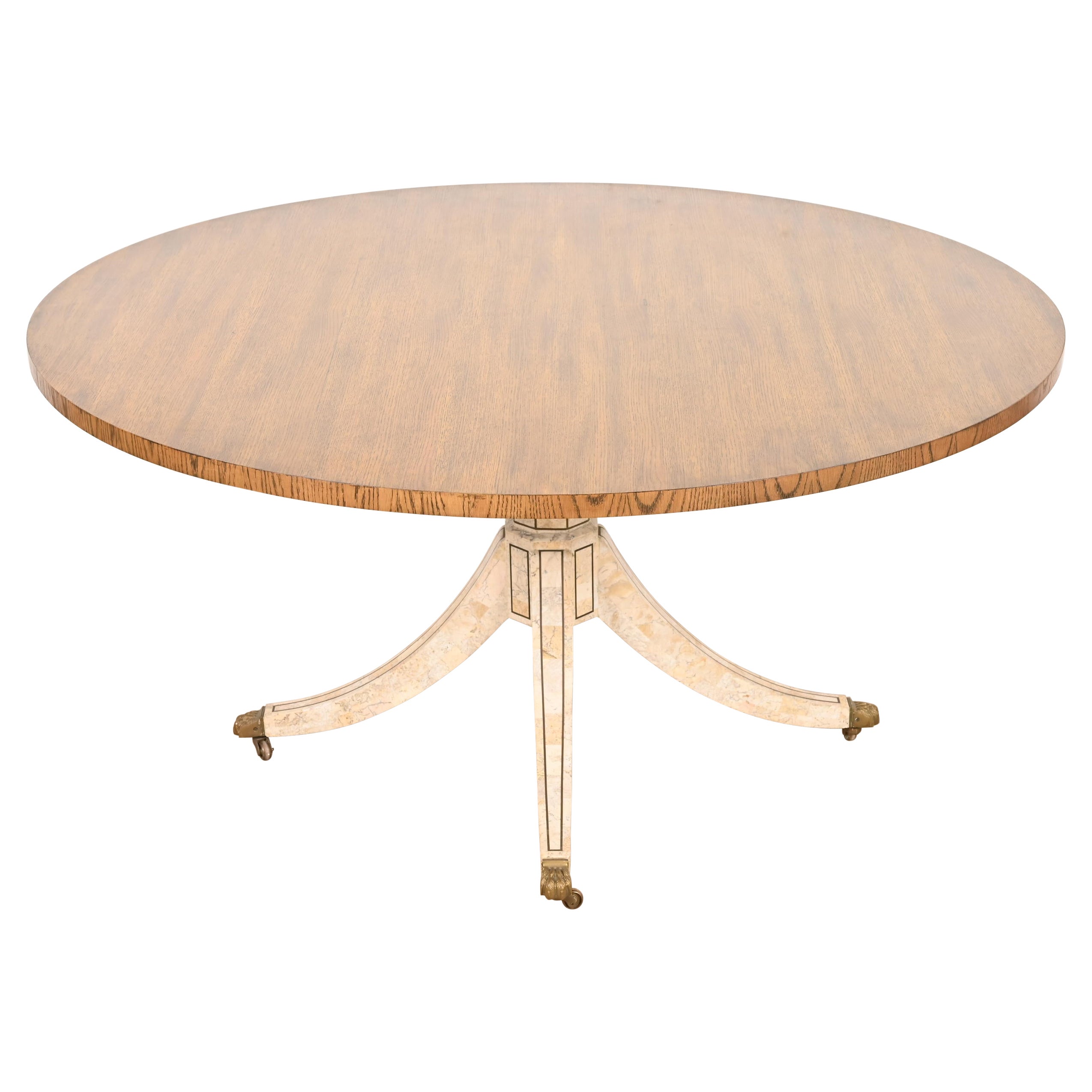 Table de salle à manger à piédestal en chêne et marbre tessellé de Baker Furniture Regency en vente