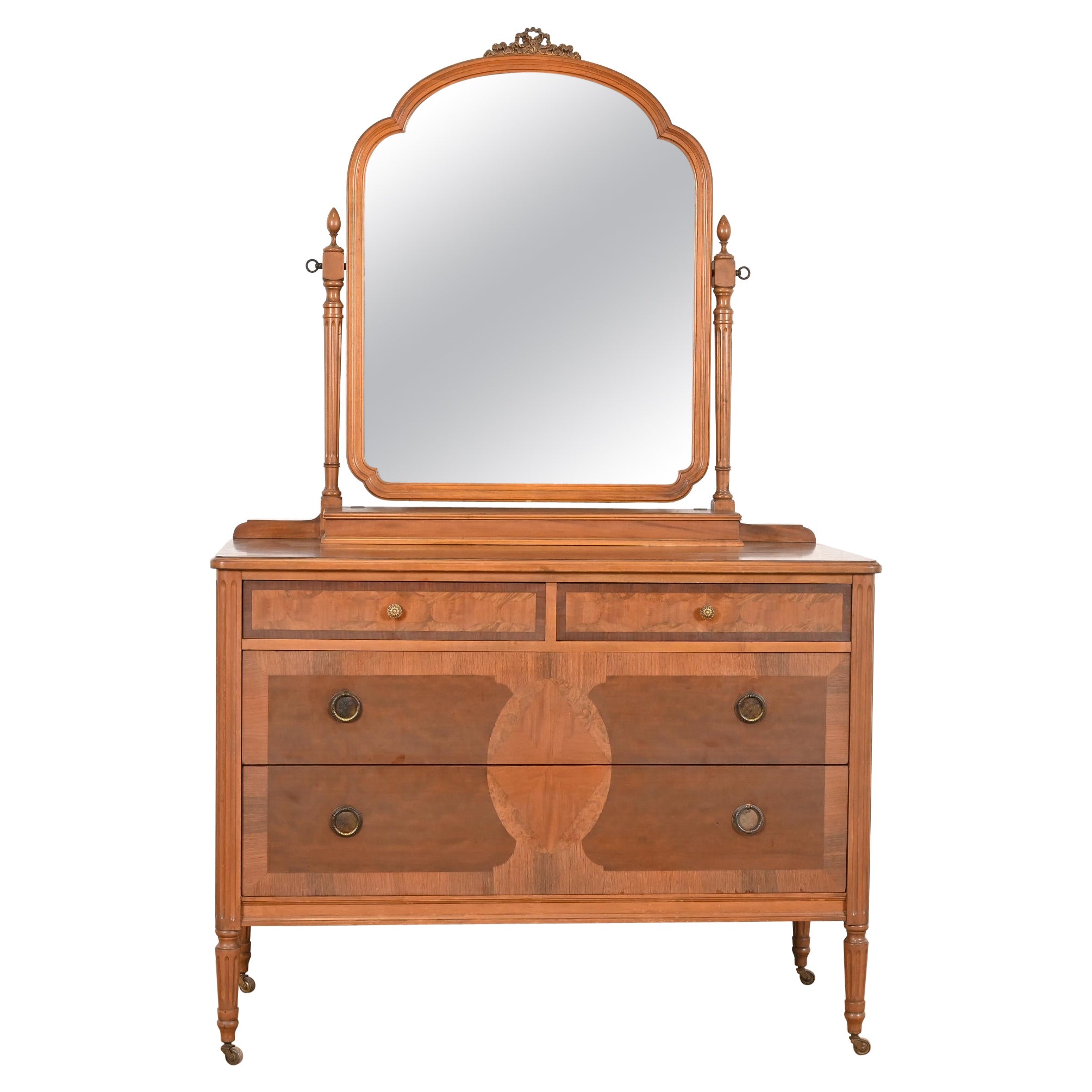 Phoenix Furniture Antique French Regency Louis XVI Burled Walnut Vanity Dresser im Angebot