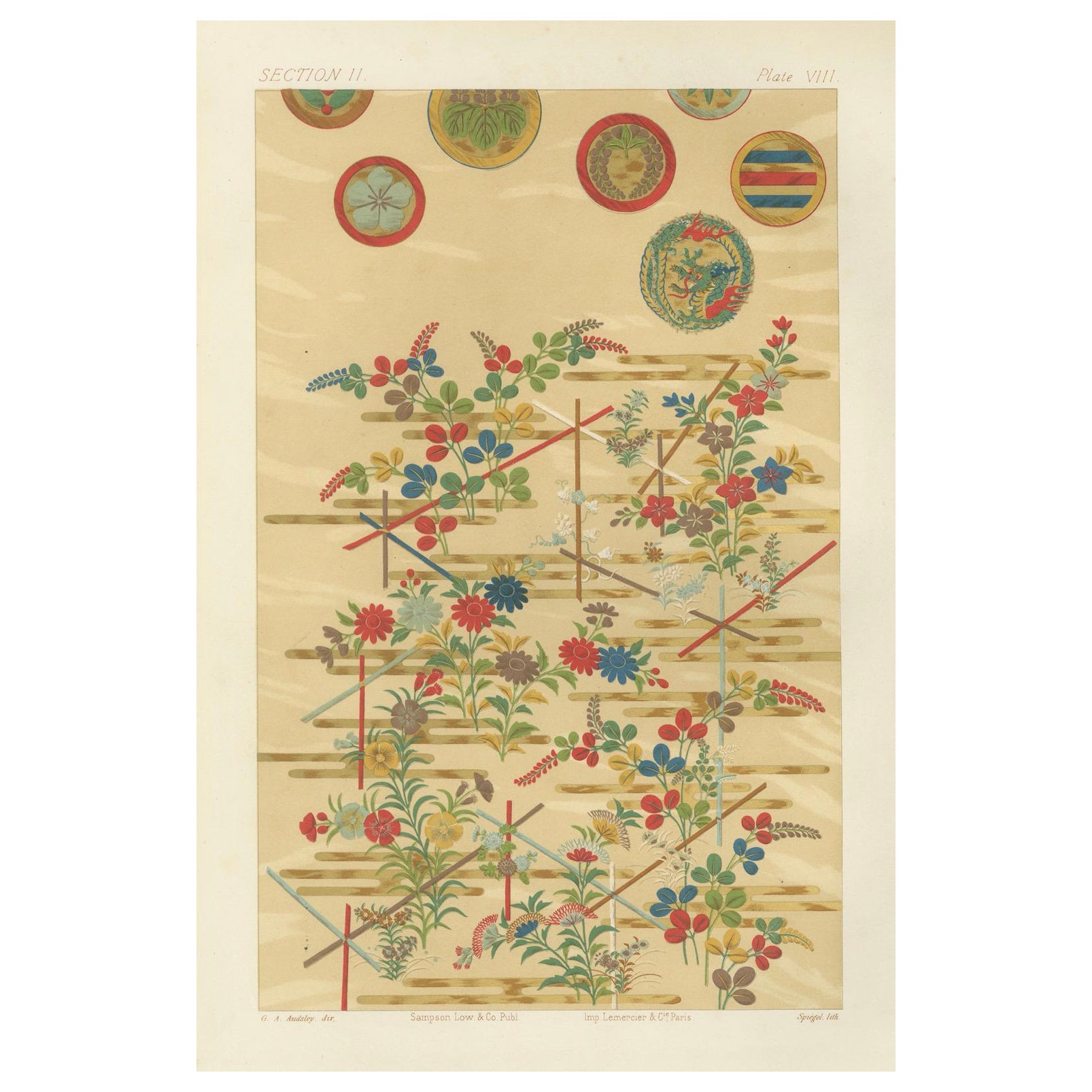 Japanese Floral Motifs on Golden Background: Antique Lithograph, 1880s