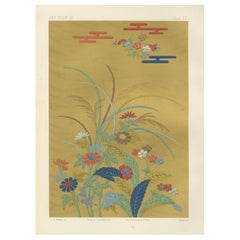 Japanese Floral Meadow on Golden Backdrop: Antique Lithograph, 1880s