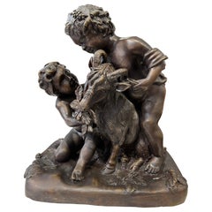 Antique Bronze Bacchic Group of Putti with Goat – After Clodion