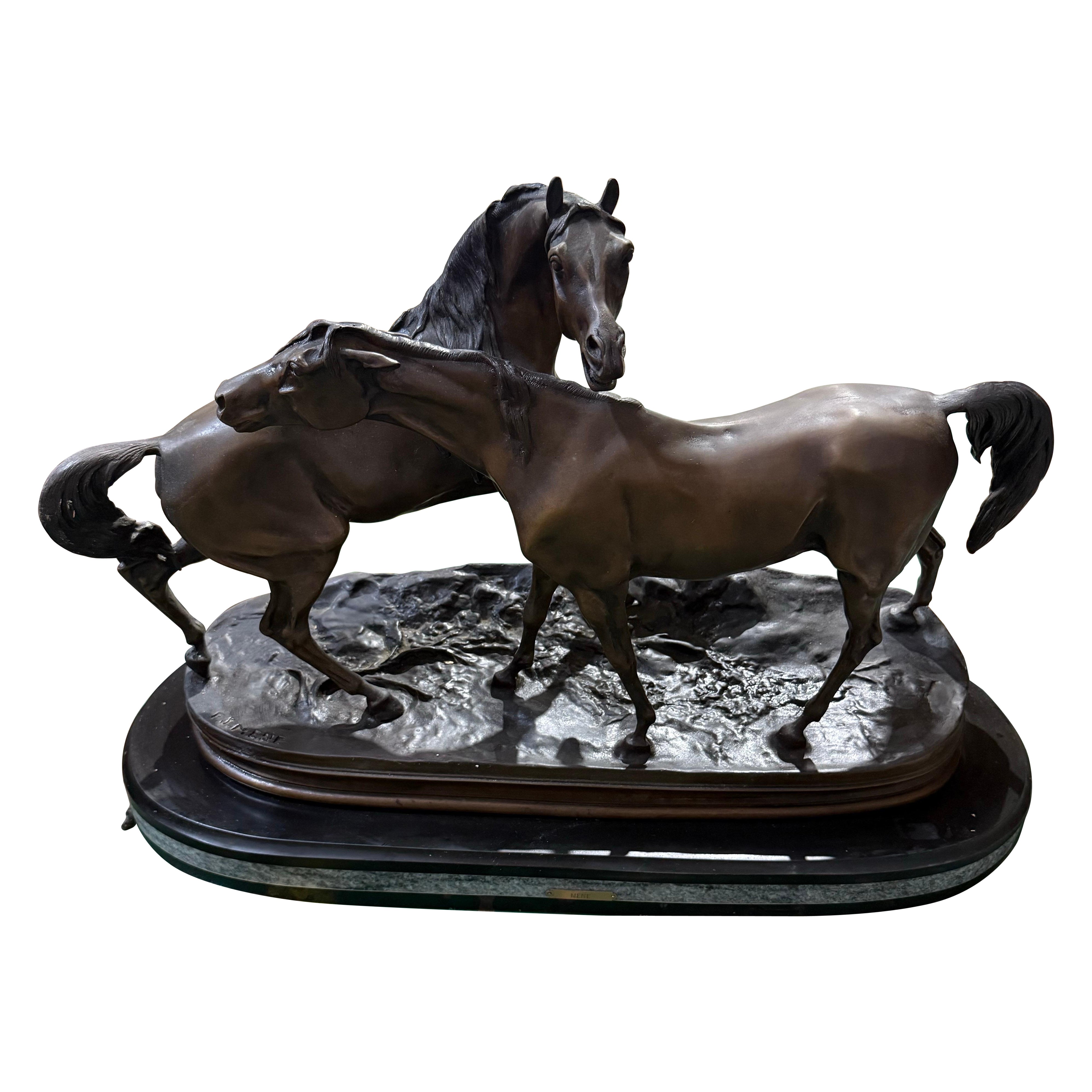 Large Bronze Sculpture of Two Horses – After Pierre-Jules Mêne