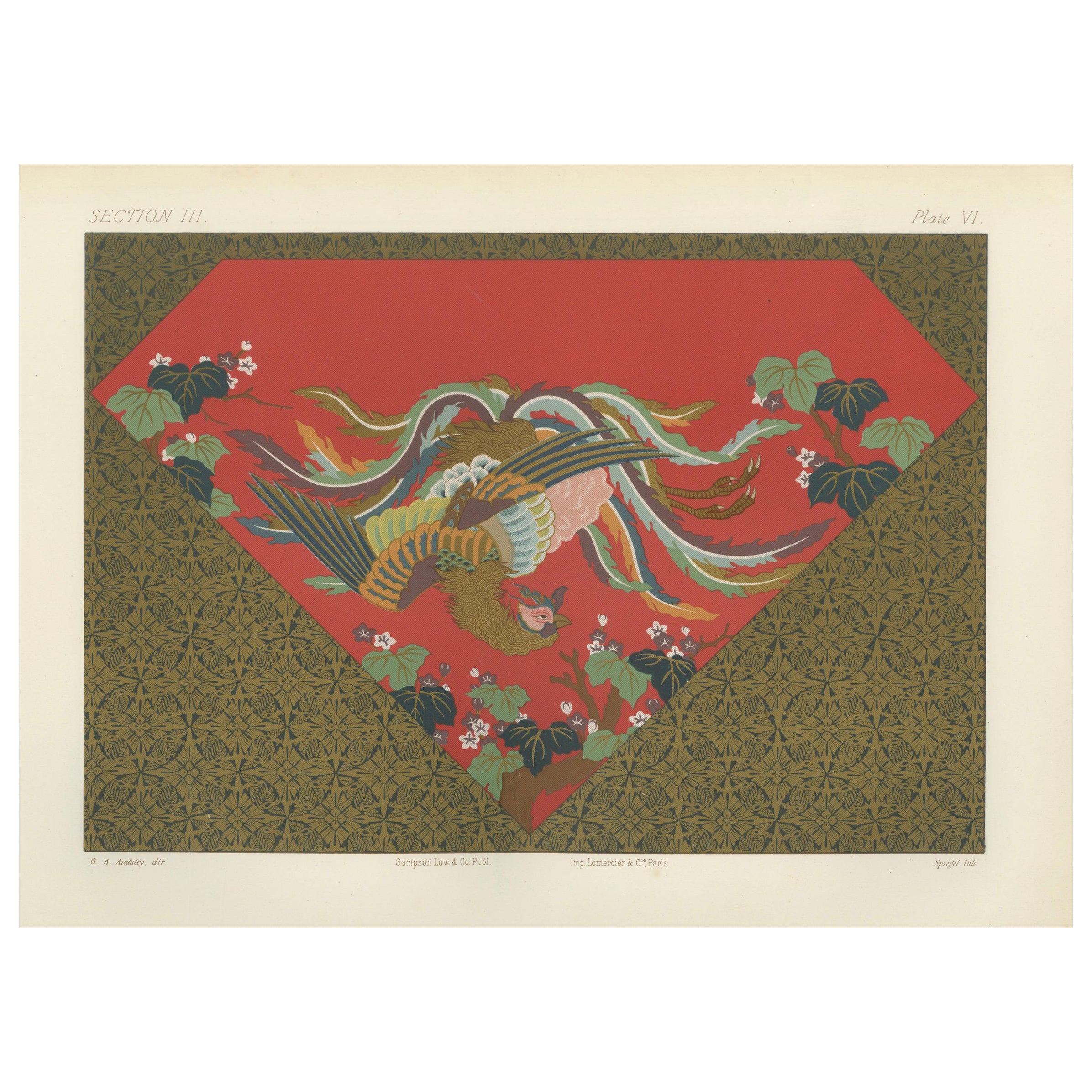 Japanese Phoenix in Vibrant Flight: Antique Lithograph, 1880s