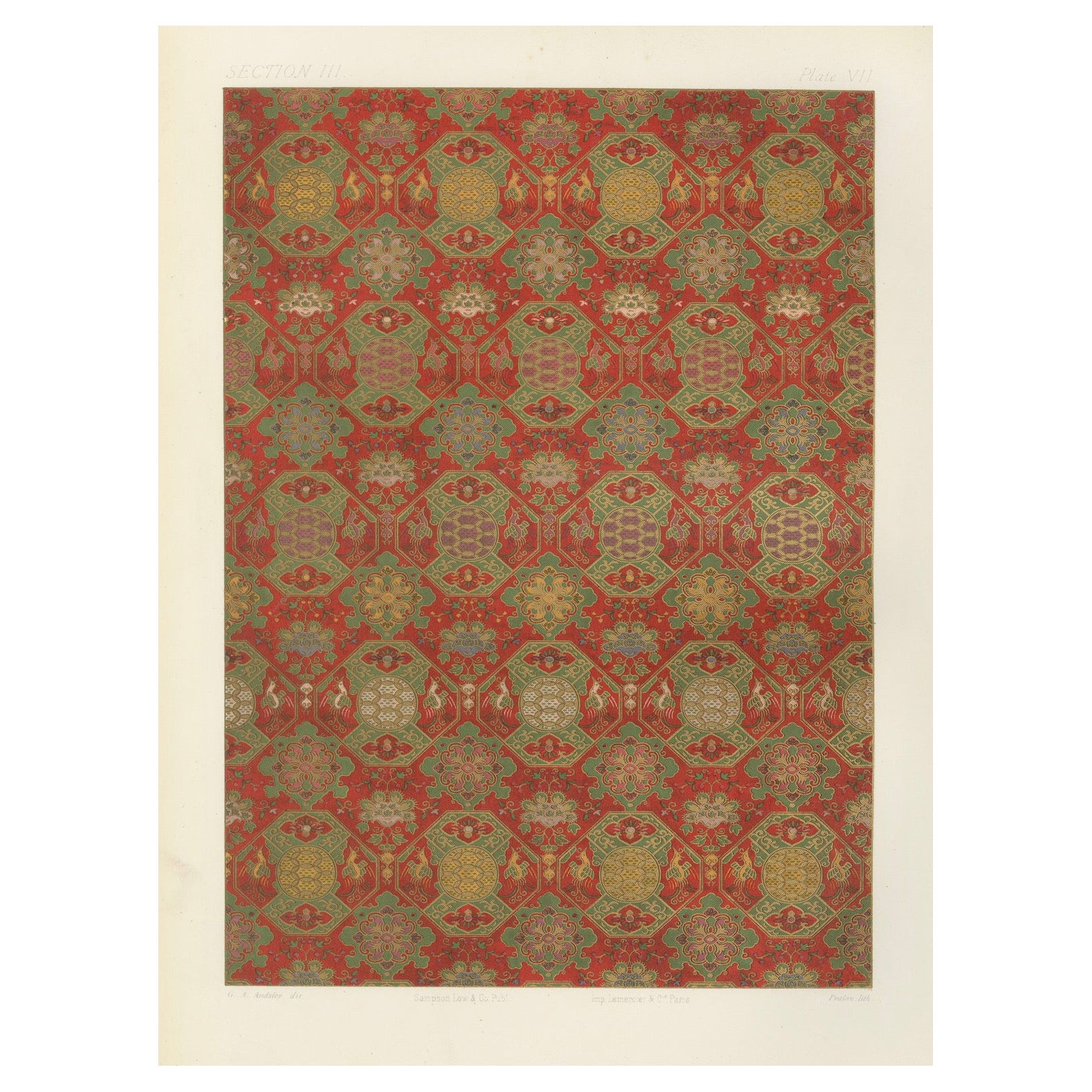 Japanese Brocade with Mythical Creatures: Antique Lithograph, 1880s